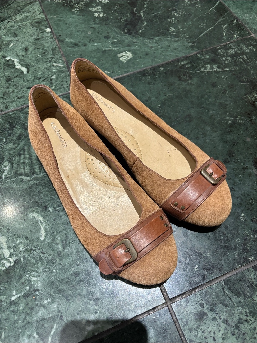 G.H. Bass & Co. Tan Suede Ballet Flats with Brown Leather Buckle
